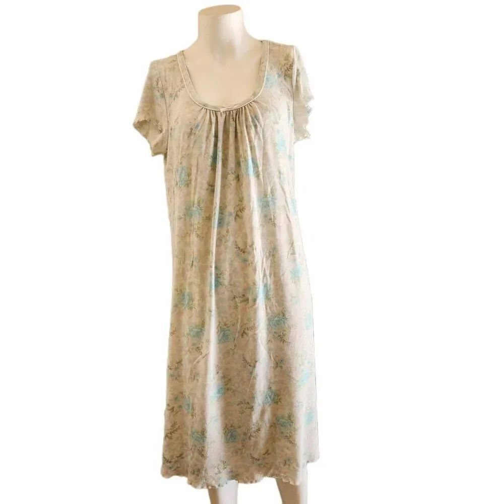 Miss Elaine women's L cream blue floral Rose pajama dress PJ nightdress nighty